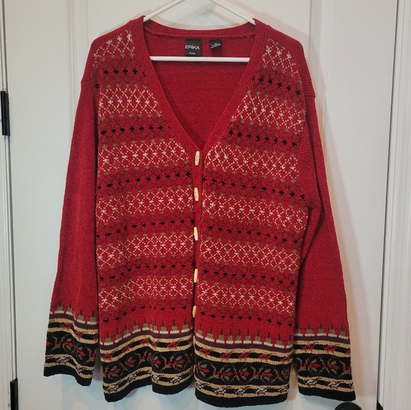 ERIKA WOMAN Vintage red black cardigan with toggle buttons and geo pattern - Picture 1 of 5